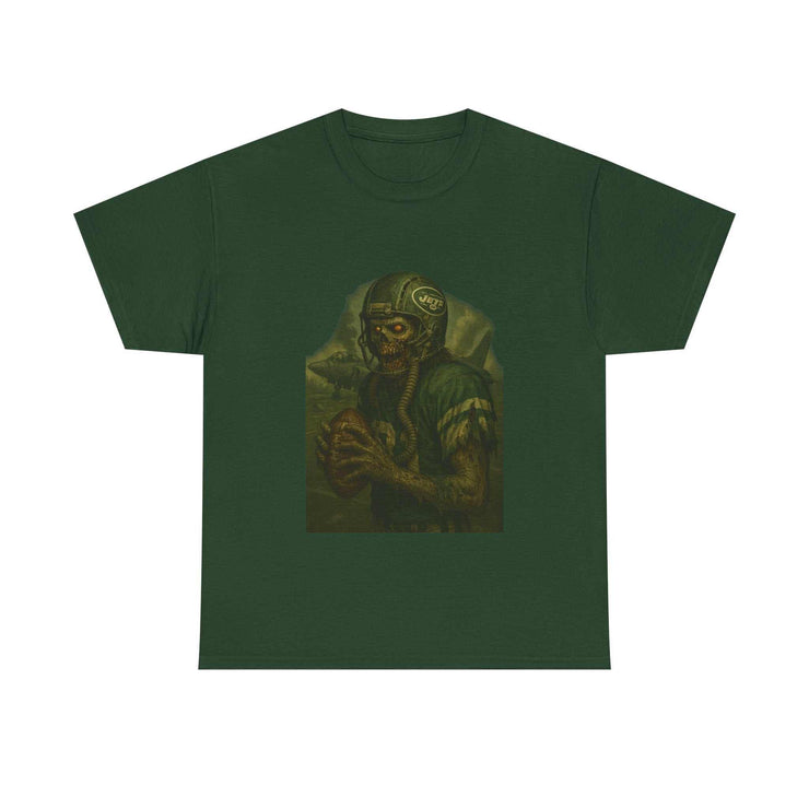 Dark green unisex tee featuring a zombie football player graphic design.