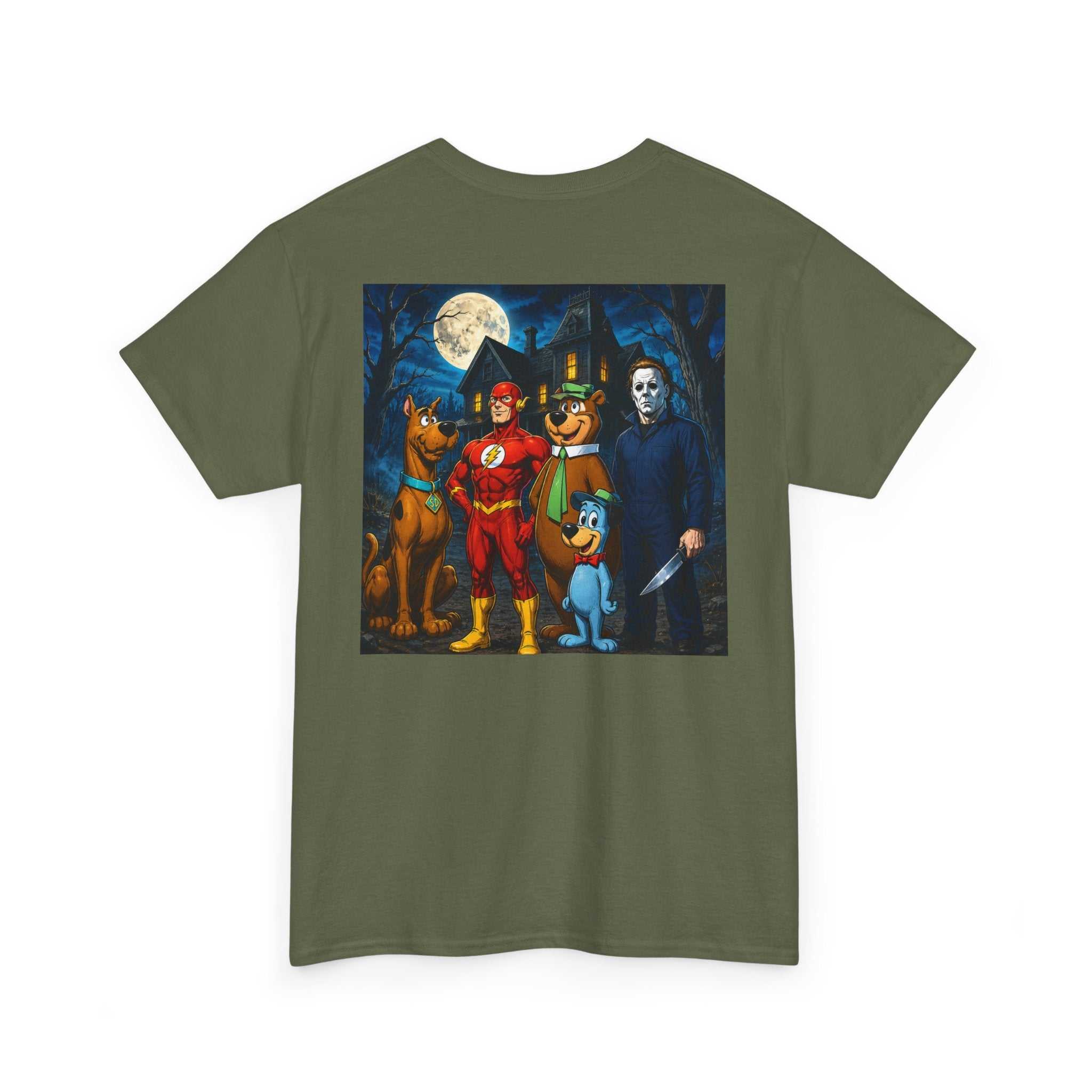 Halloween Cartoon Horror T-Shirt — Trick-or-Treat Characters with Michael Myers Back Print