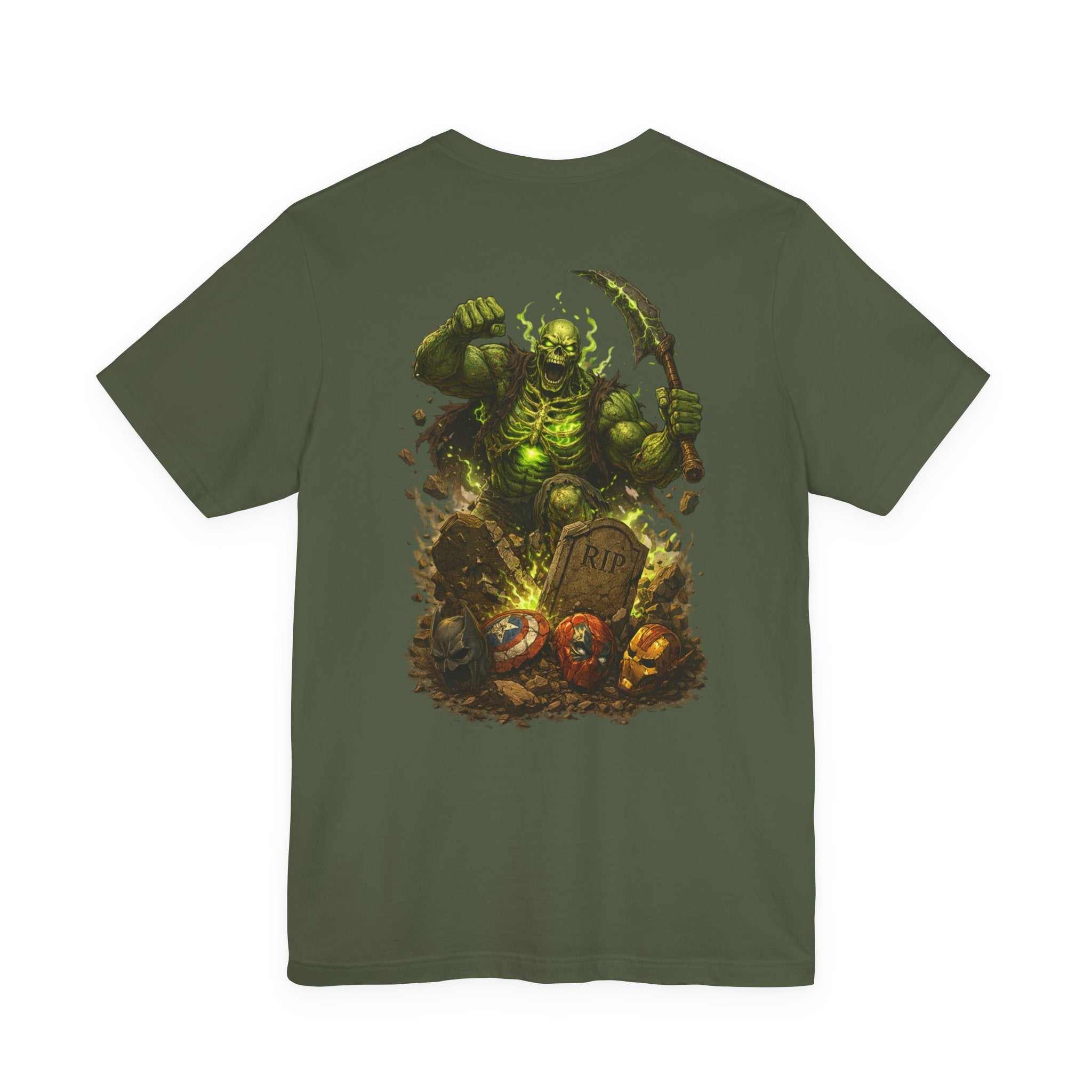 Zombie Ogre Halloween T-Shirt with graveyard horror graphic on back and distressed chest patch on lightweight cotton tee