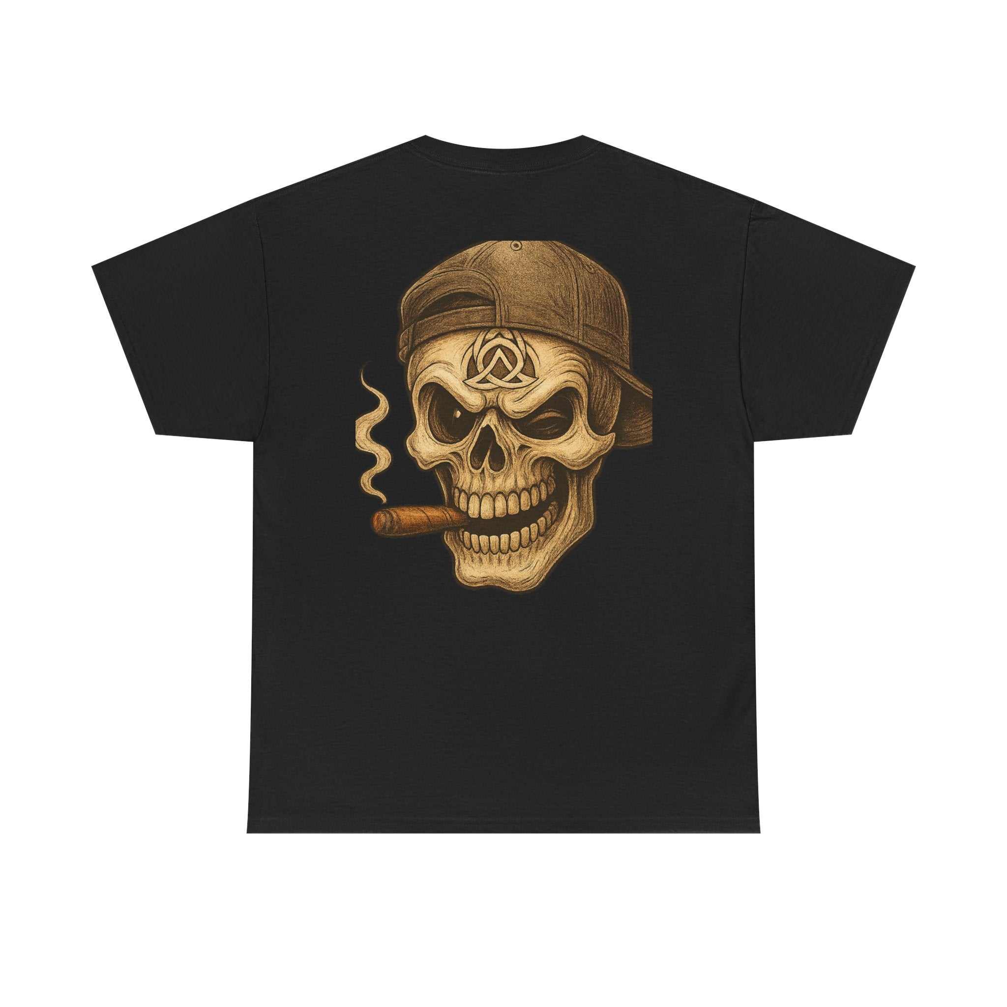 Vintage Skull Cigar Tee with bold skull graphic smoking a cigar on the back, 100% cotton t-shirt