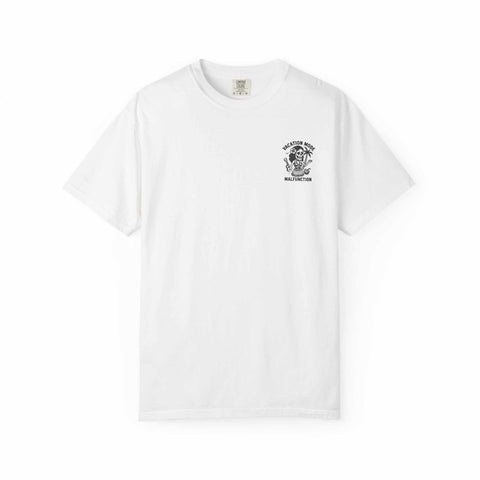 White Medusa Beauty T-shirt with small black strawberry daiquiri design, unisex, cotton fabric, crew neck, sizes S to 4XL