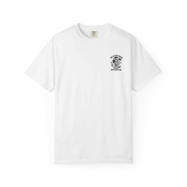 White Medusa Beauty T-shirt with small black strawberry daiquiri design, unisex, cotton fabric, crew neck, sizes S to 4XL