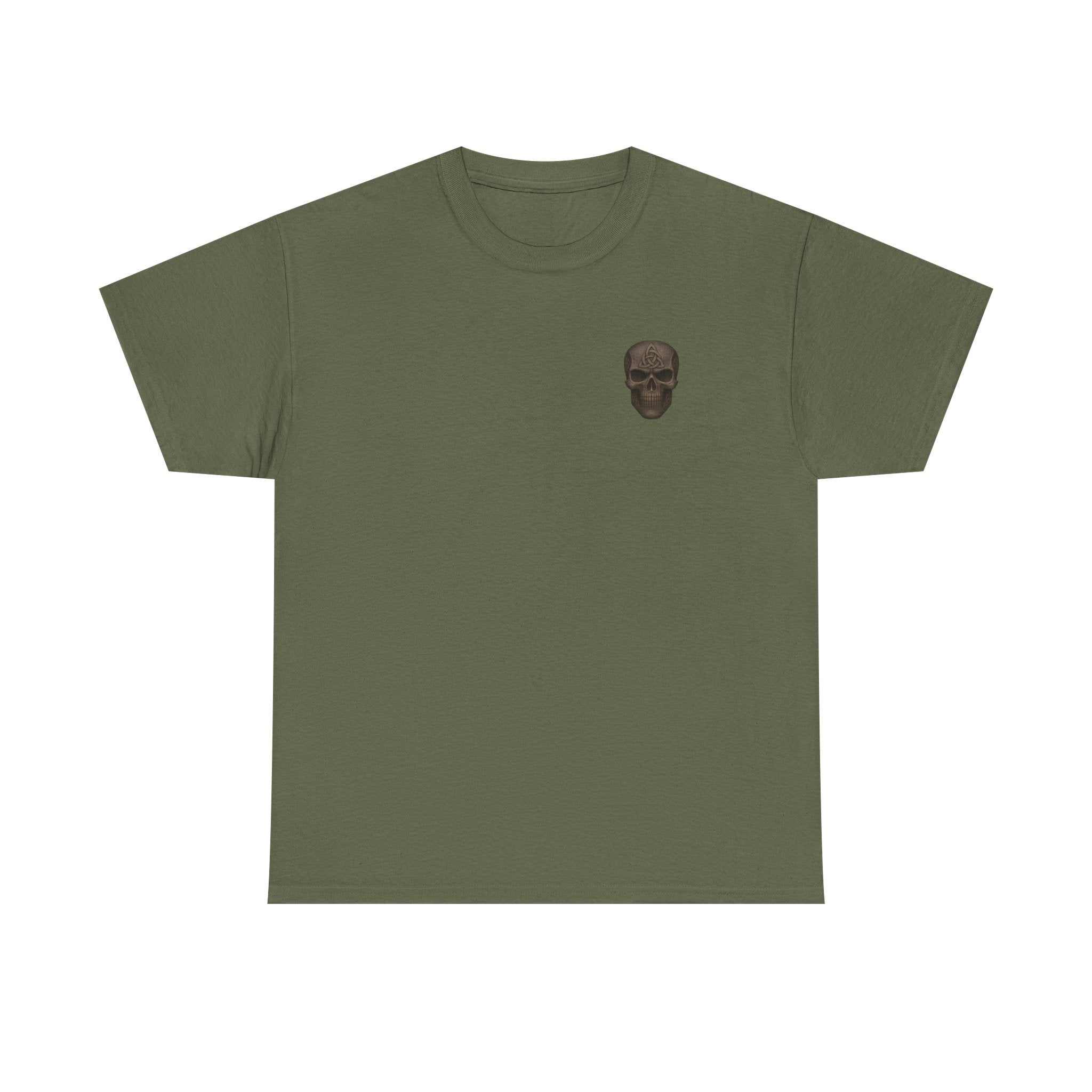 Unisex olive green heavy cotton tee with small skull graphic on chest, durable and comfortable everyday wear shirt