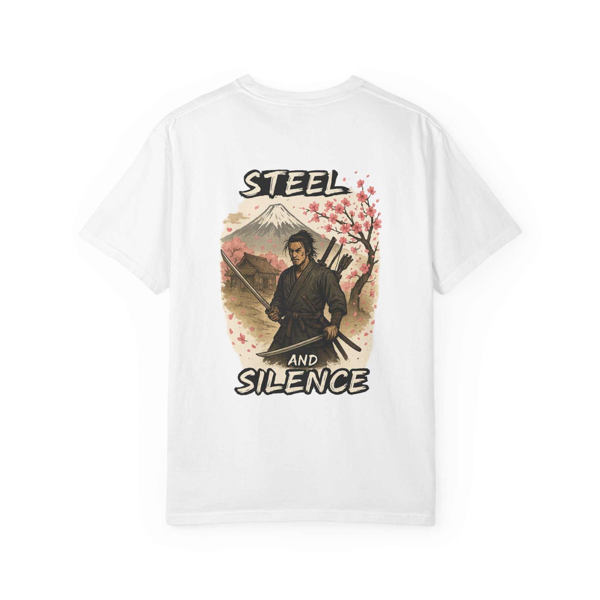 White unisex Steel and Silence T-shirt with samurai graphic and cherry blossoms on back