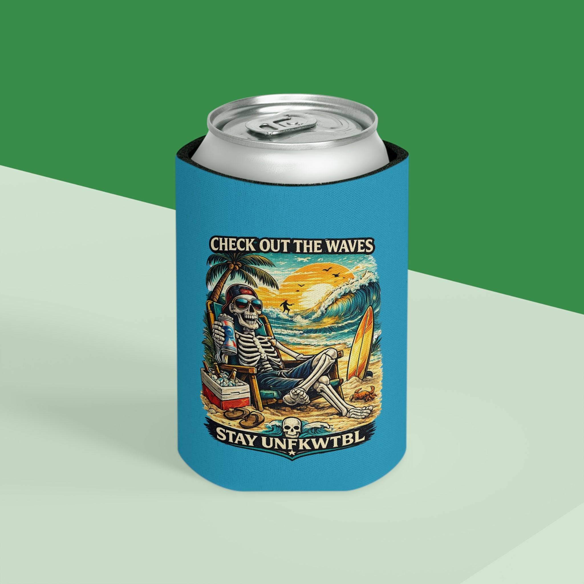 Can Cooler — 'Stay Cold / Check Out the Waves' Surf Skeleton Drink Koozie