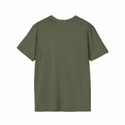 Atlas Strength Unisex Softstyle T-Shirt in olive green, back view, classic fit, short sleeves.