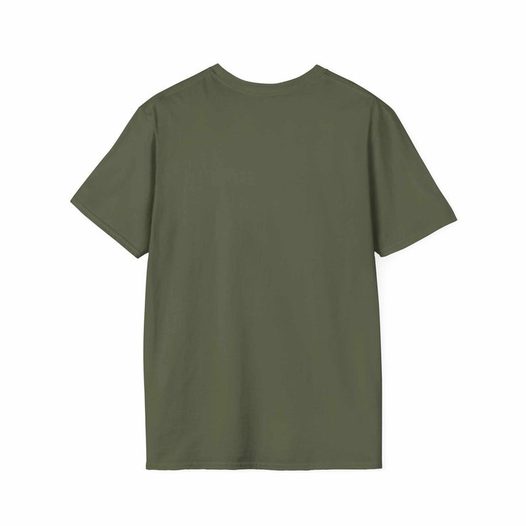 Atlas Strength Unisex Softstyle T-Shirt in olive green, back view, classic fit, short sleeves.