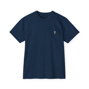 Navy blue short sleeve t-shirt with skeleton sunset gangster design on left chest pocket