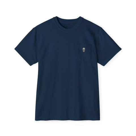 Navy blue short sleeve t-shirt with skeleton sunset gangster design on left chest pocket