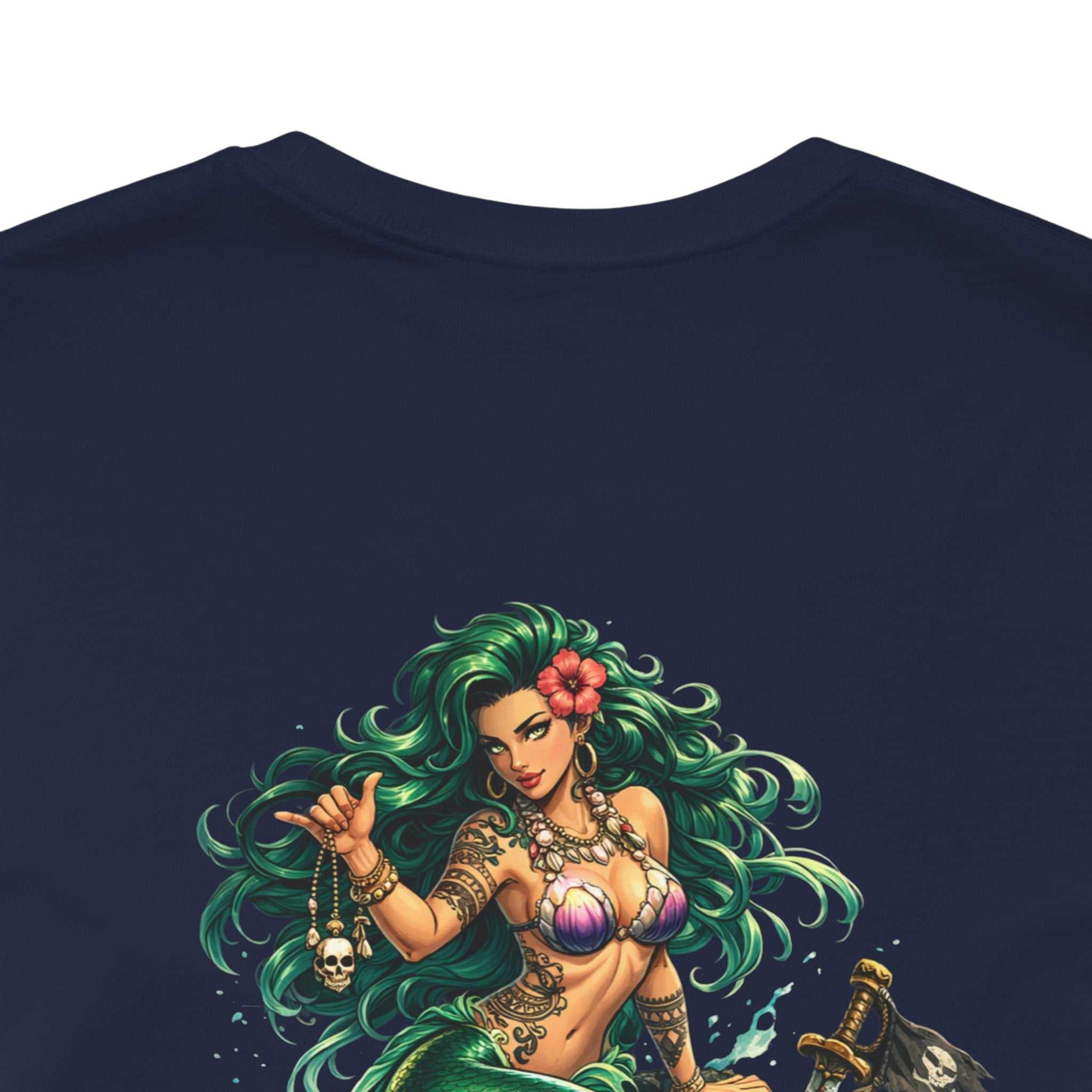 Vintage green Mermaid Skull Art Tee with detailed mermaid skull graphic and coastal lore design