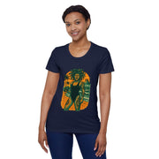 woman wearing Bohemian Goddess Organic T-Shirt with vibrant beach goddess design on navy short sleeve tee