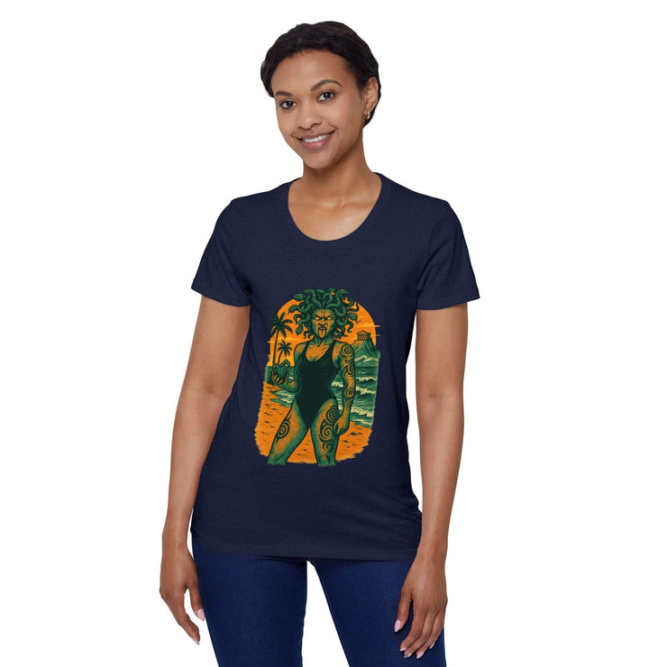 woman wearing Bohemian Goddess Organic T-Shirt with vibrant beach goddess design on navy short sleeve tee