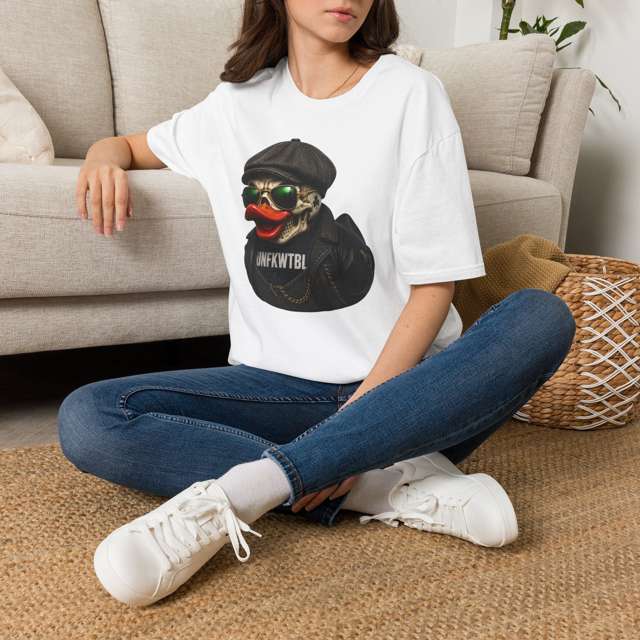 Skull Duck Graphic T-Shirt — Retro Biker Hat & Aviator Sunglasses Design
