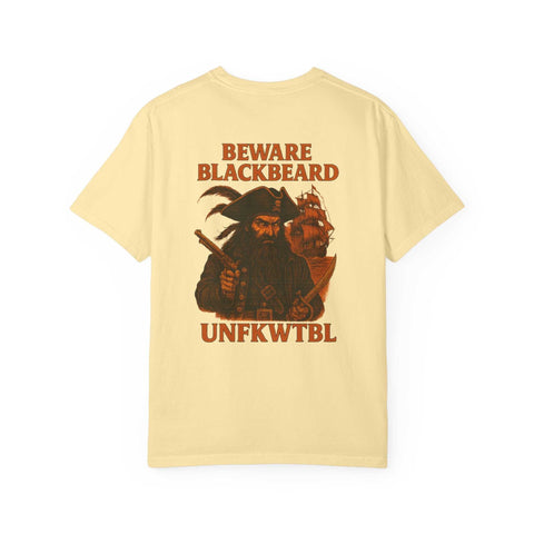 beige t-shirt with Beware Blackbeard pirate graphic and ship design