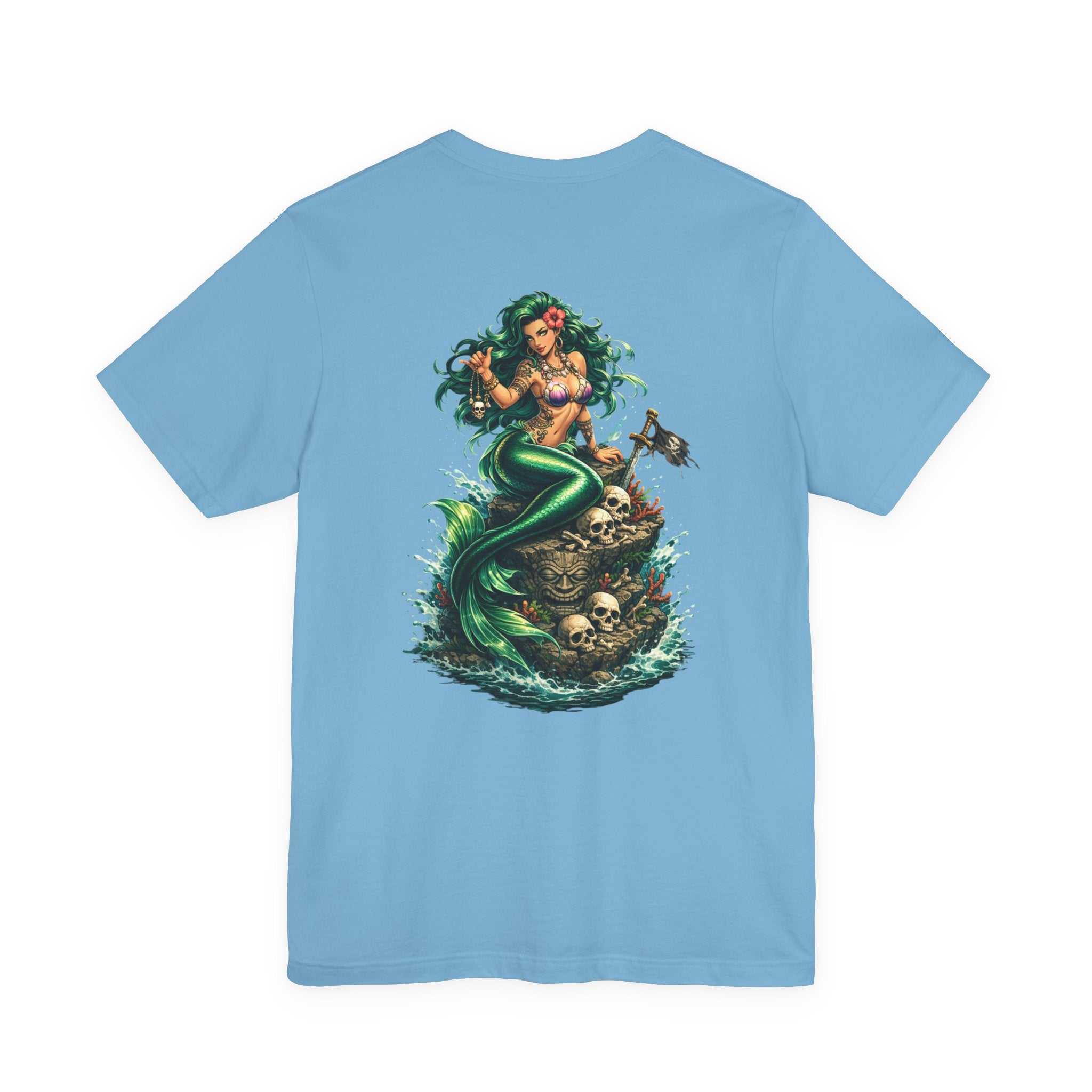 Vintage green Mermaid Skull Art Tee with detailed mermaid skull graphic on soft cotton shirt