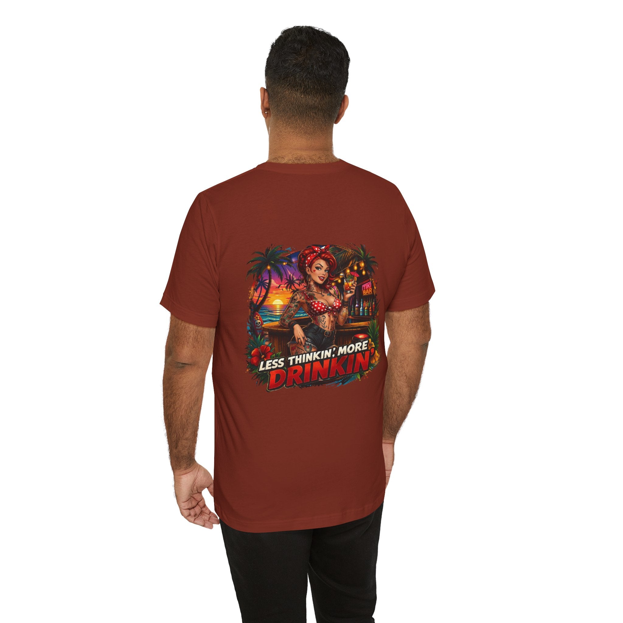 Beach Pinup T‑Shirt — "Less Thinkin', More Drinkin'" Retro Tropical Tee