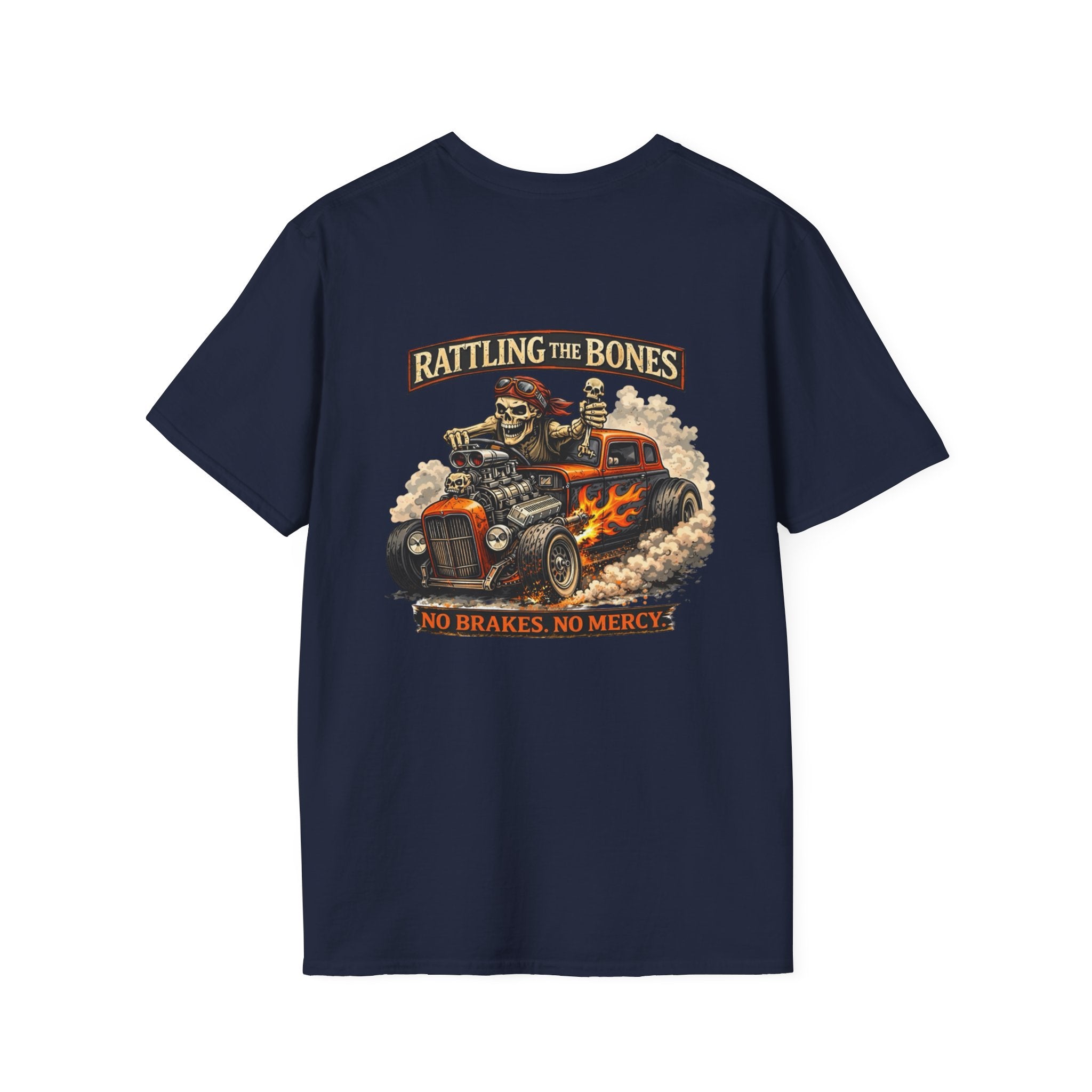 Rattling the Bones Hot Rod T-Shirt — "No Brakes, No Mercy" Skull Car Graphic Tee