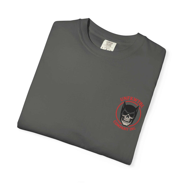 Batman Holographic Ghostface unisex t-shirt with skull and bat design on gray garment-dyed fabric