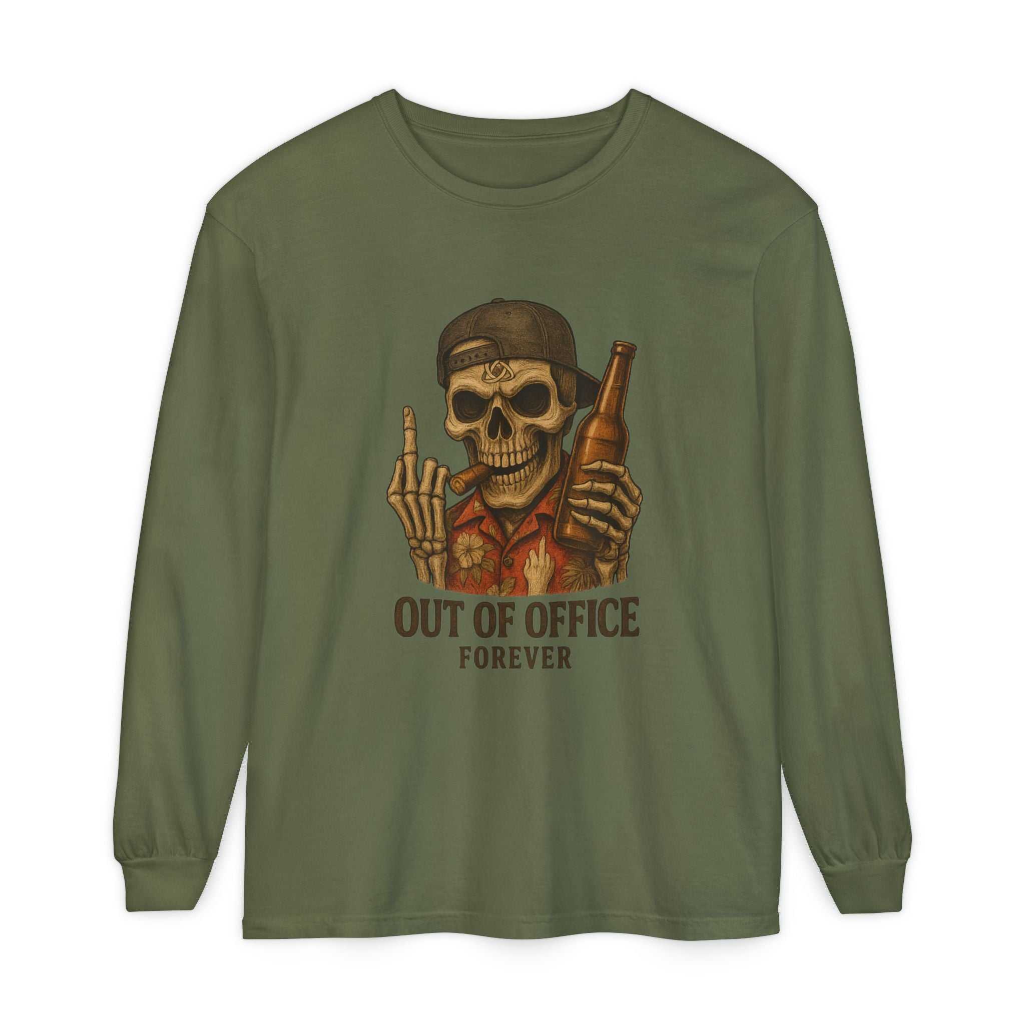 Long sleeve t-shirt with "Out of Office Forever" skull and beer graphic, soft garment-dyed cotton