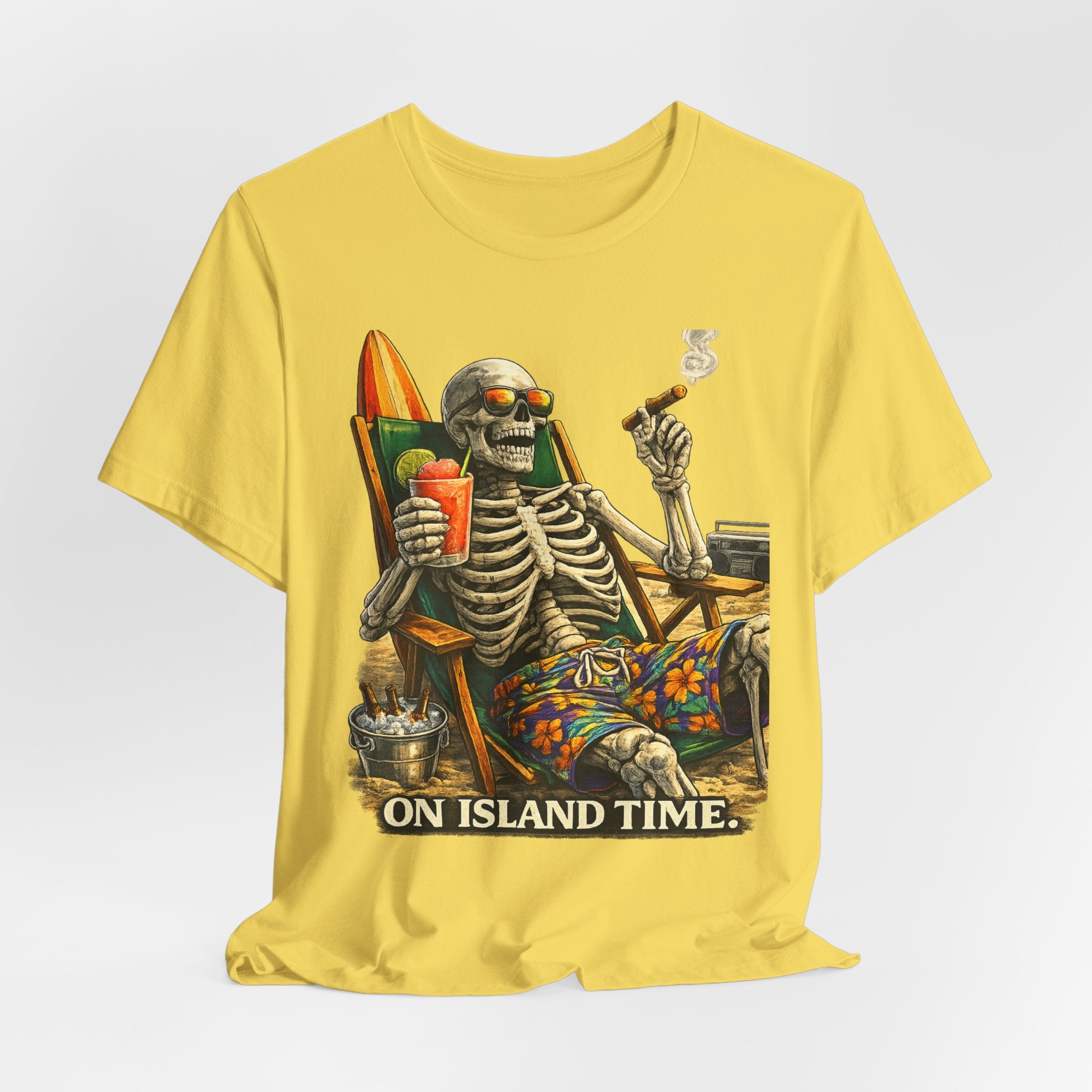 Skeleton Beach Tee — "On Island Time" Tropical Skull Vacation T-Shirt