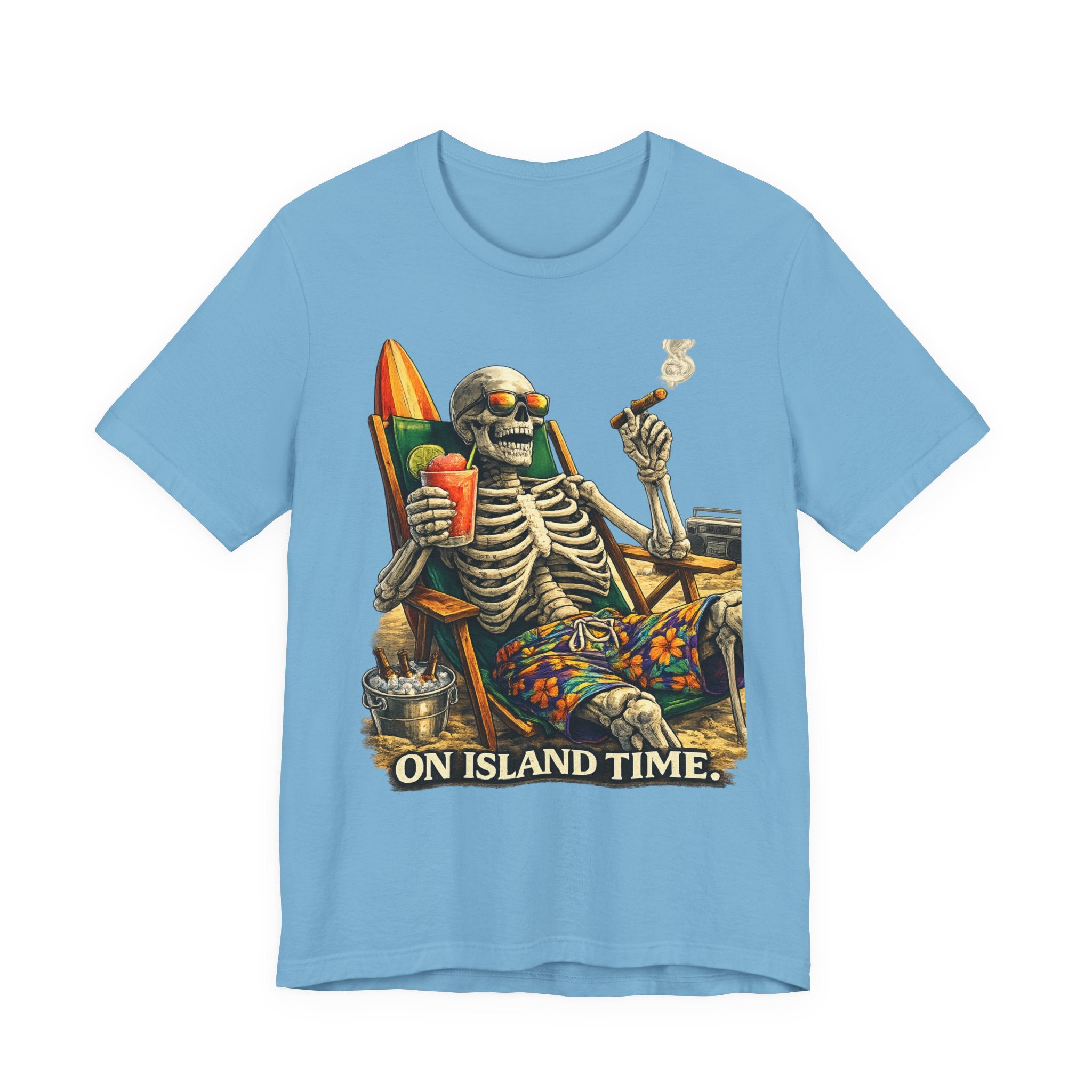 Skeleton Beach Tee — "On Island Time" Tropical Skull Vacation T-Shirt