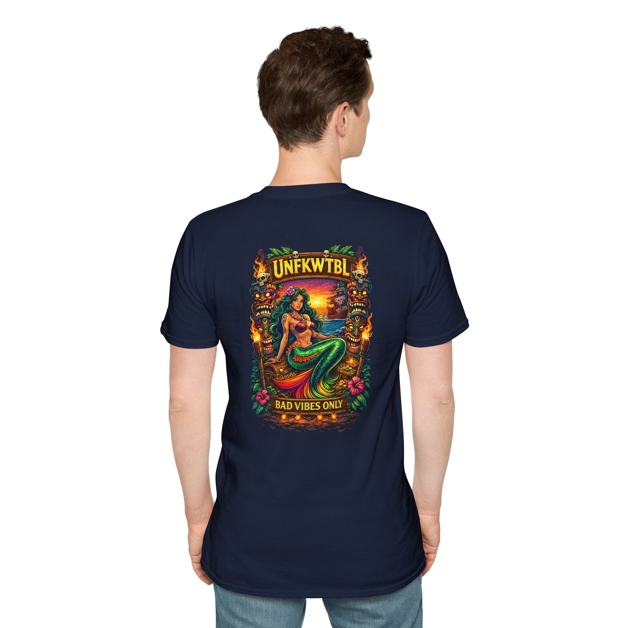 Vintage Mermaid Sunset T-Shirt with "Bad Vibes Only" retro island graphic and tropical beach vibes