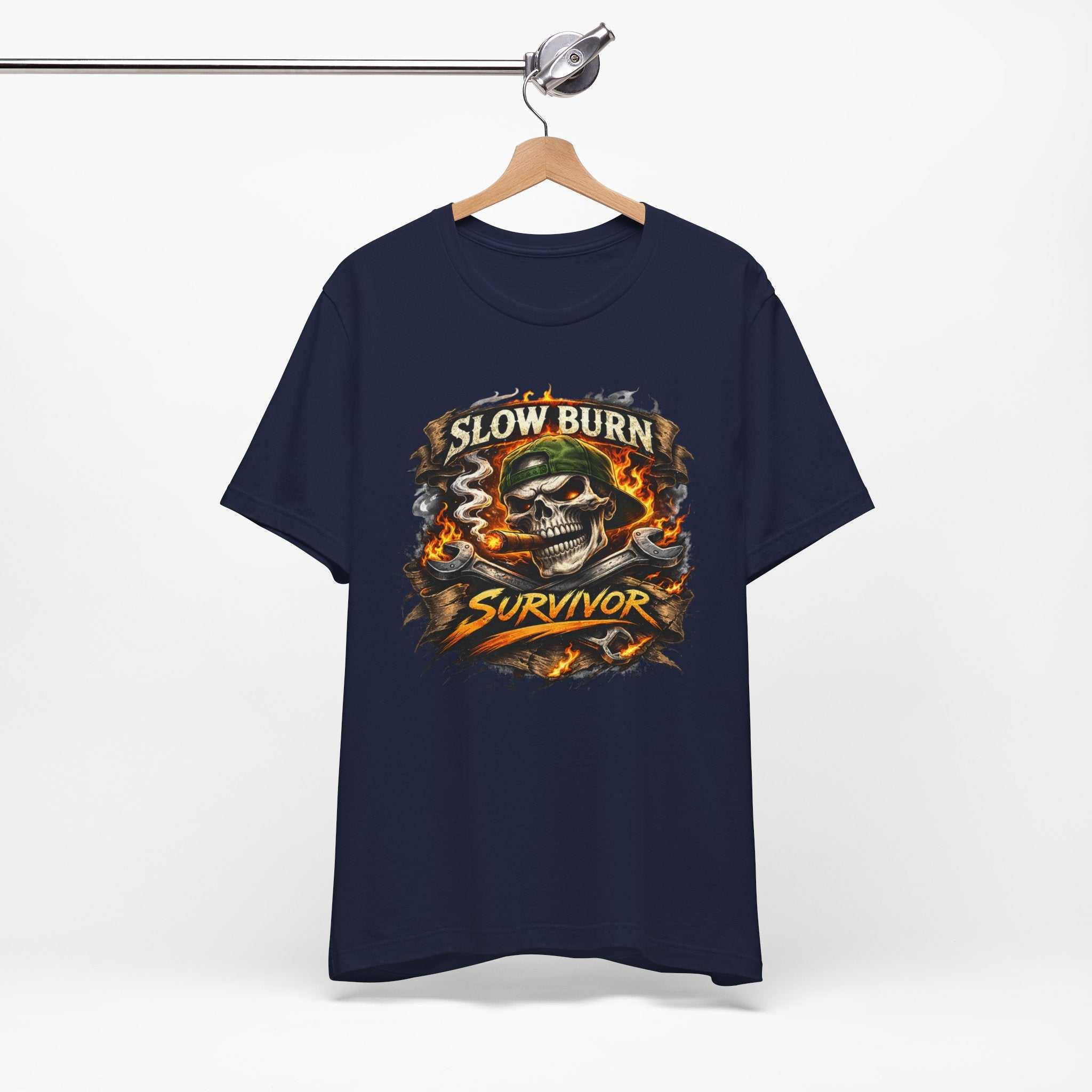Slow Burn Survivor T‑Shirt — Skull Flame Vintage Motorcycle Tee