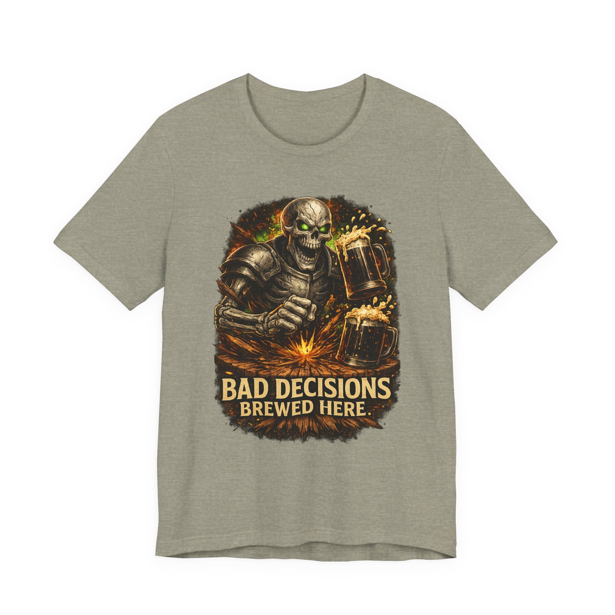 Graphic Tee — 'Bad Decisions Brewed Here' Skeleton Beer Shirt