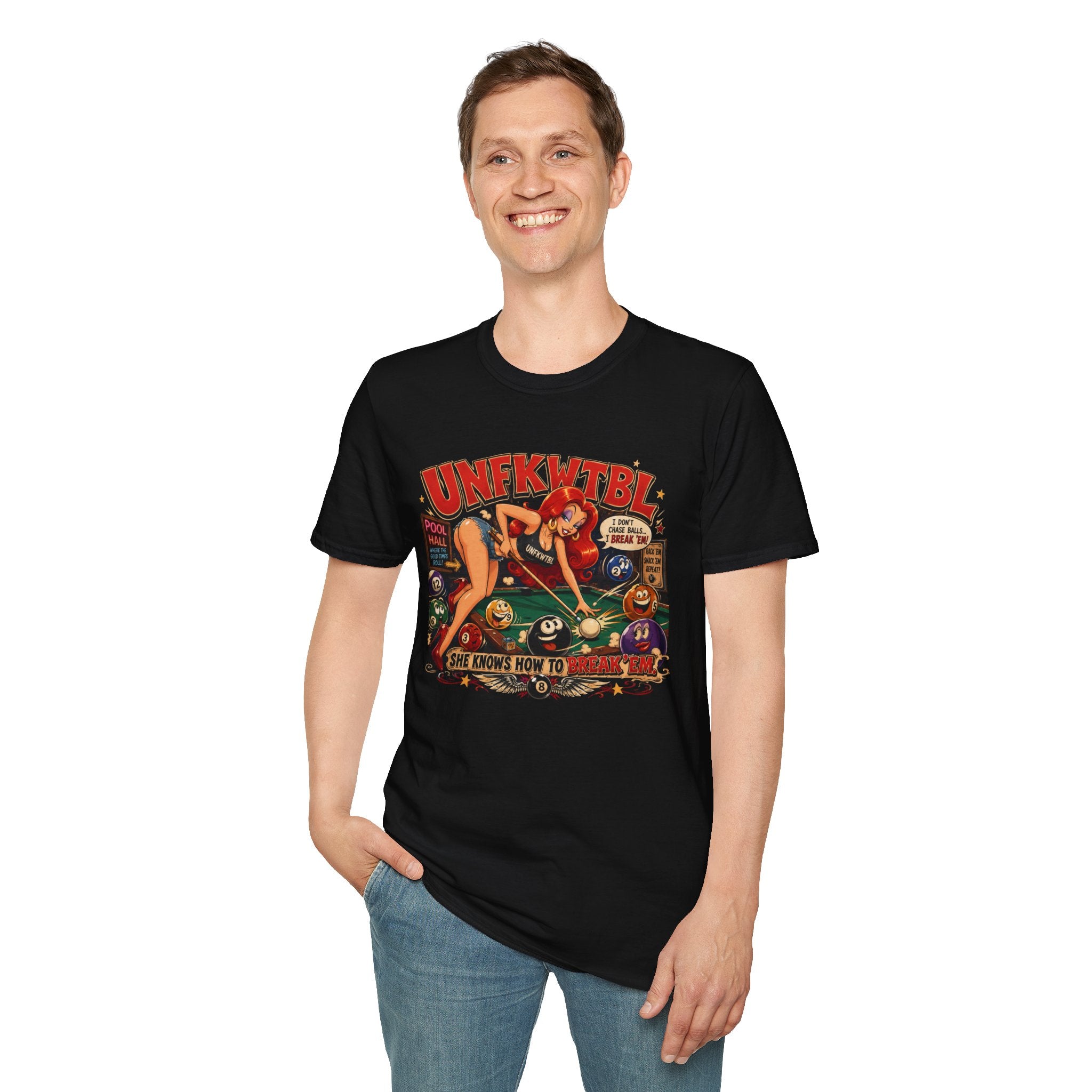 Pinup Pool Shark T-Shirt — "UNFKWTTBL" Vintage Billiards Graphic Tee