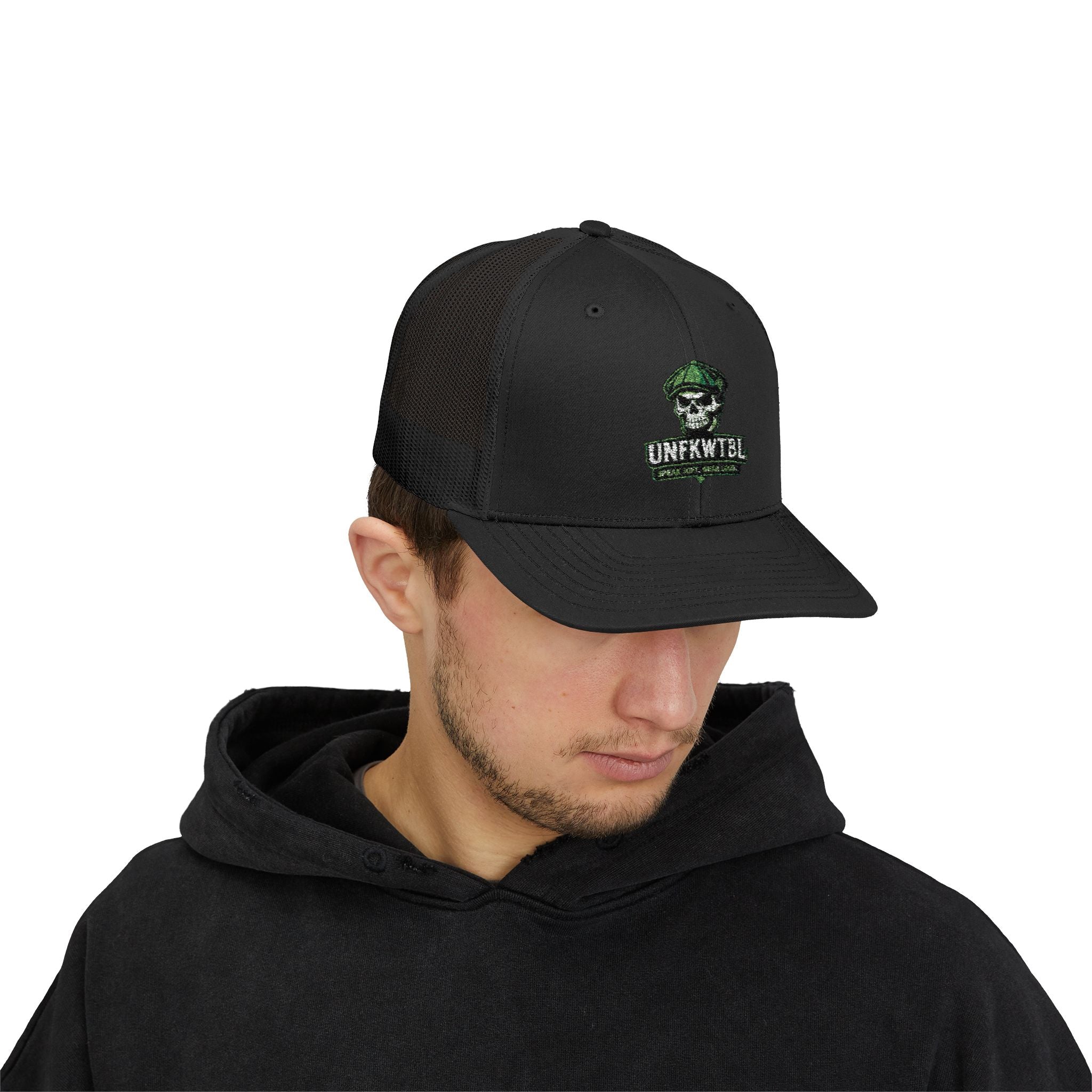 Snapback Trucker Cap — Green Camo Skull "UNFWTB1L" Embroidered Military Patch