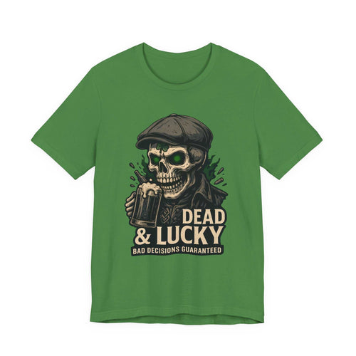 Dead & Lucky Skull Tee graphic t-shirt with grinning skull and "Bad decisions guaranteed" text, lightweight cotton crew neck.