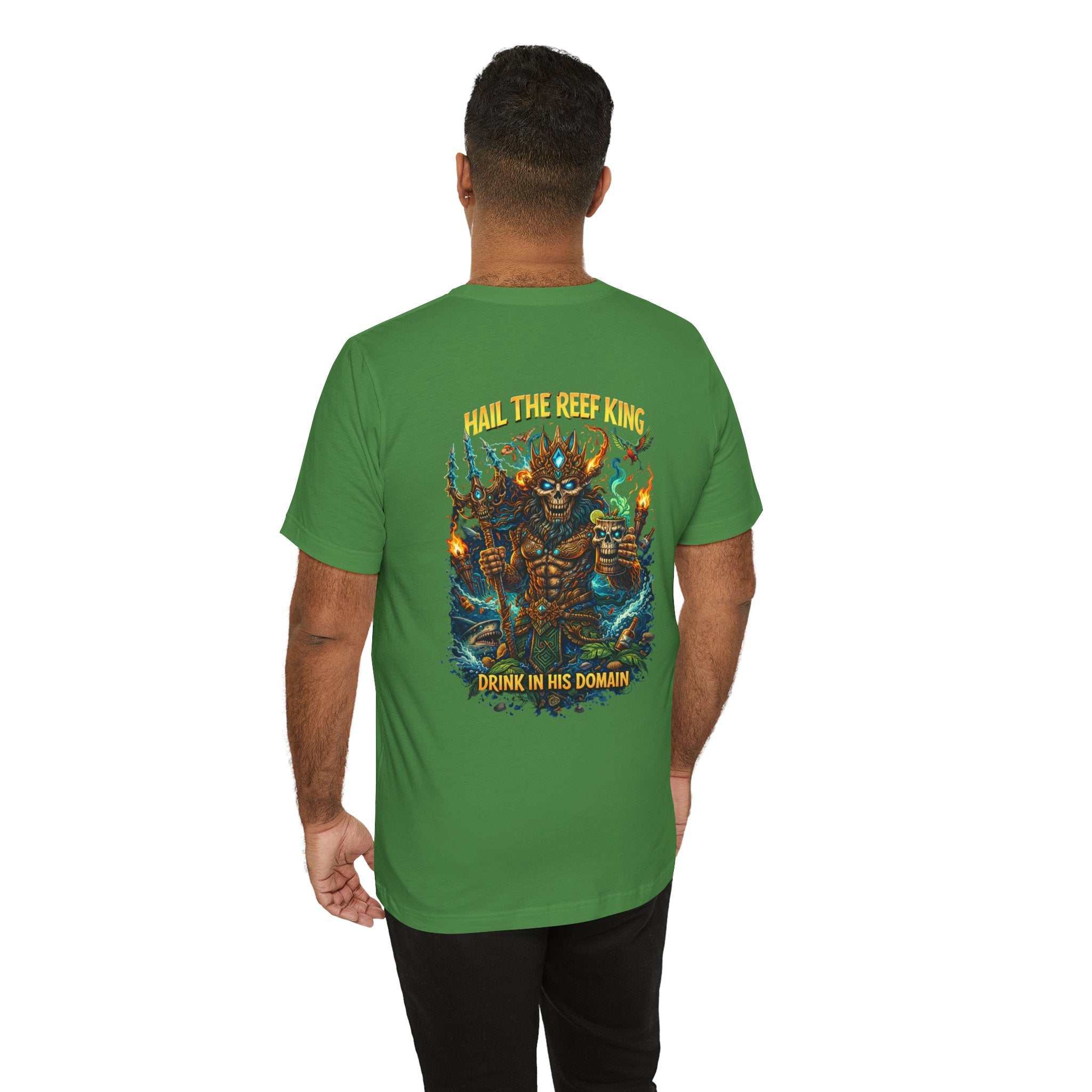 Hail the Reef King graphic tee featuring coral reef, trident, and sea monster design on soft cotton shirt