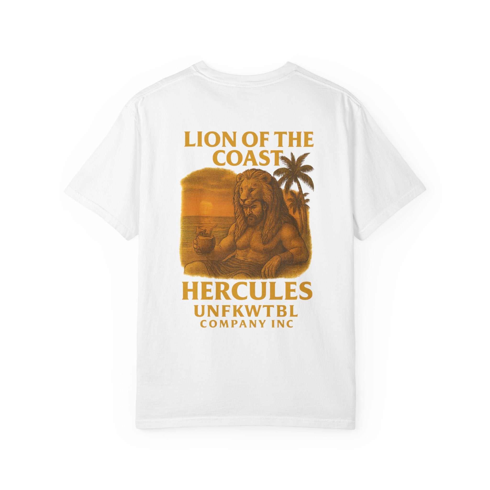 white unisex garment-dyed t-shirt with lion of the coast hercules beach adventure graphic