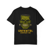 Black Vintage Frankenstein T-shirt with green skull graphic and bold yellow text design, unisex garment-dyed cotton tee.