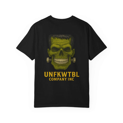 Black Vintage Frankenstein T-shirt with green skull graphic and bold yellow text design, unisex garment-dyed cotton tee.