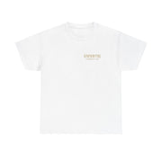 White unisex heavy cotton t-shirt with small UNFKWTBL logo, Michael Myers Calm Before the Kill design for Halloween fans