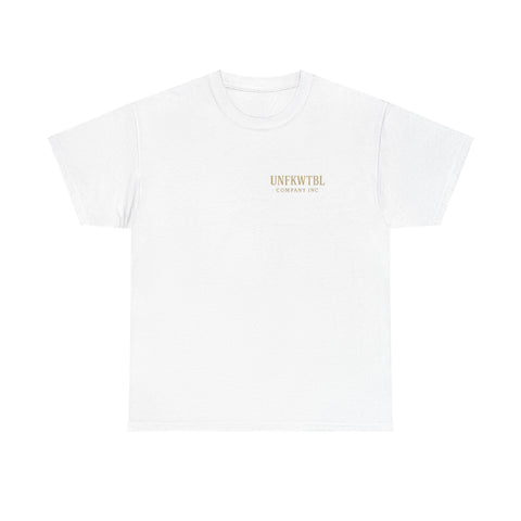 White unisex heavy cotton t-shirt with small UNFKWTBL logo, Michael Myers Calm Before the Kill design for Halloween fans