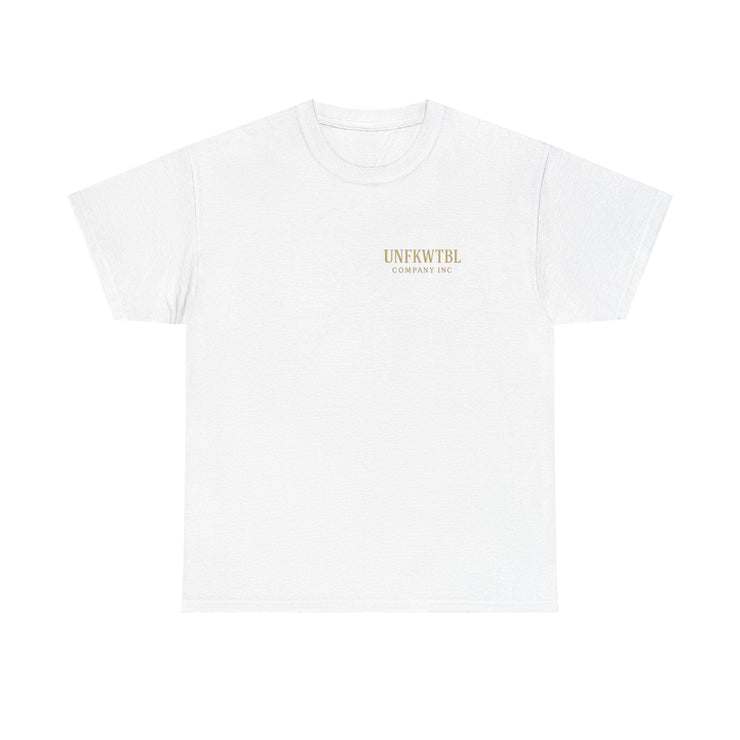 White unisex heavy cotton t-shirt with small UNFKWTBL logo, Michael Myers Calm Before the Kill design for Halloween fans