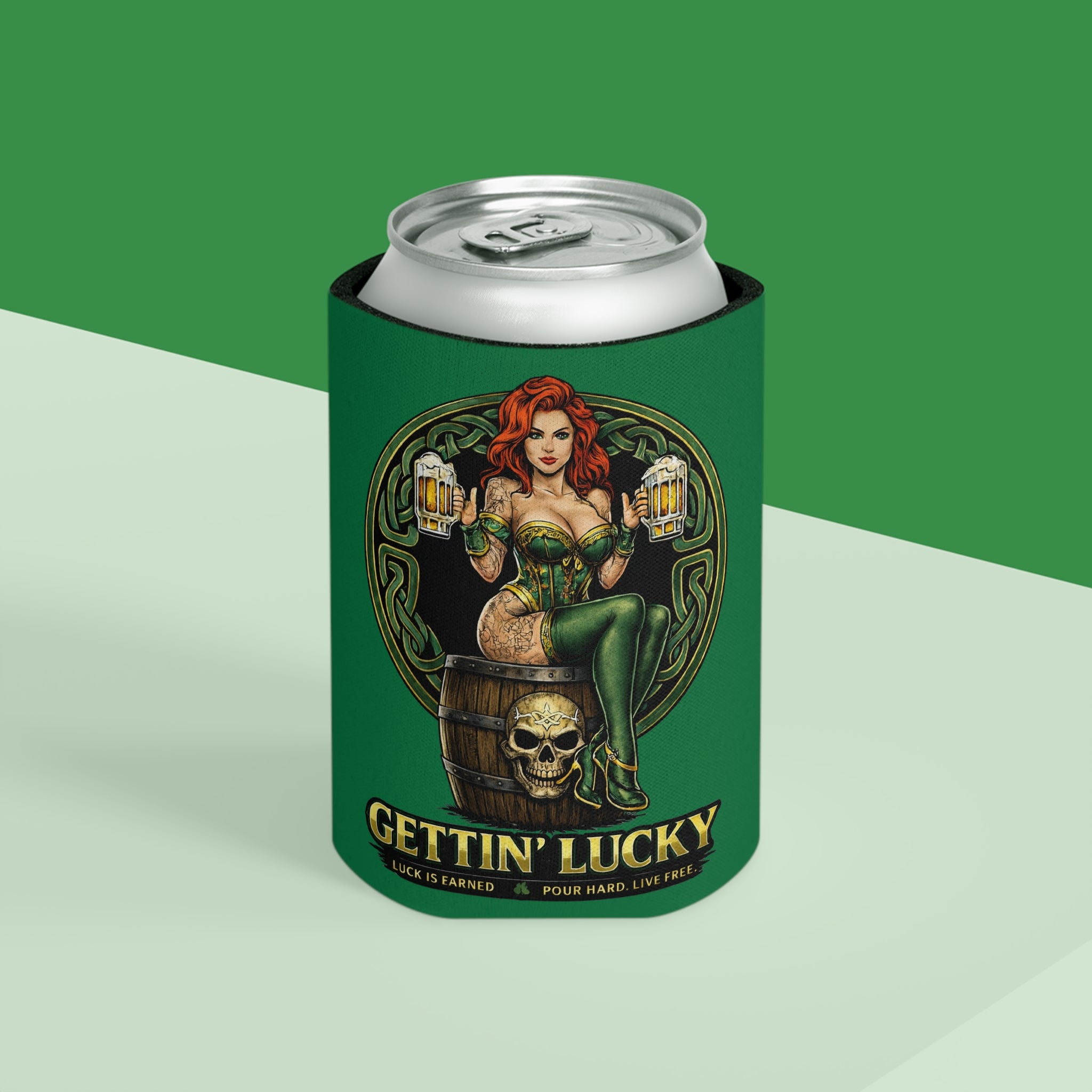 Gettin' Lucky / Stay Cold Can Cooler — St. Patrick's Day Pinup Beer Koozie