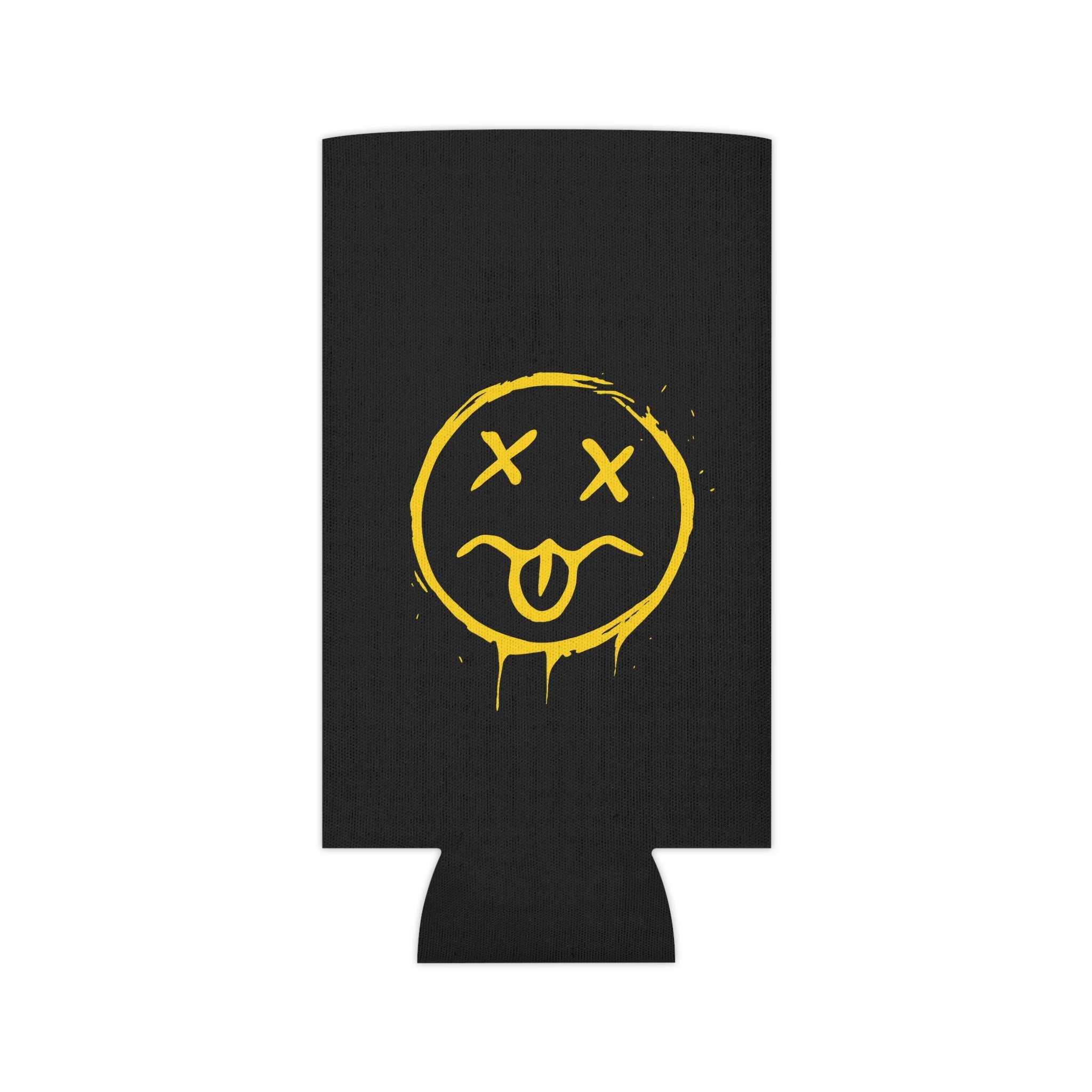 Neon Grunge Smiley Can Cooler — Yellow Drip Face Beer Koozie