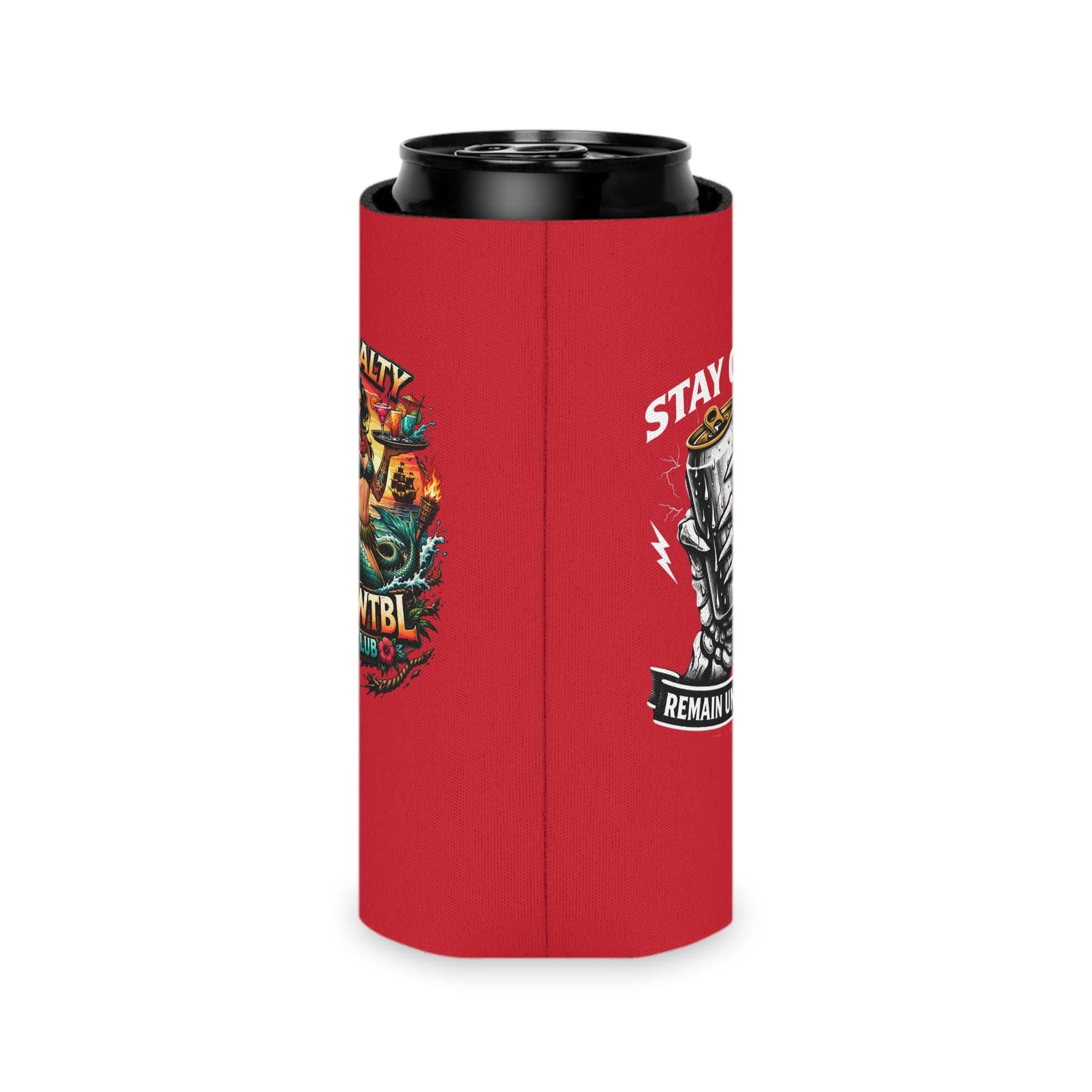 Stay Salty Tiki Can Cooler — "Stay Cold, Remain UNFKWTBL" Retro Beach Beer Koozie