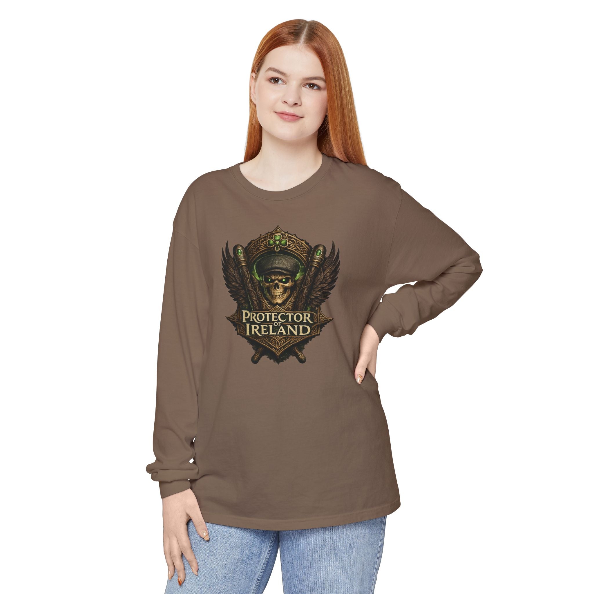 Protector Ireland Long Sleeve Tee — Celtic Helmet Shield Design