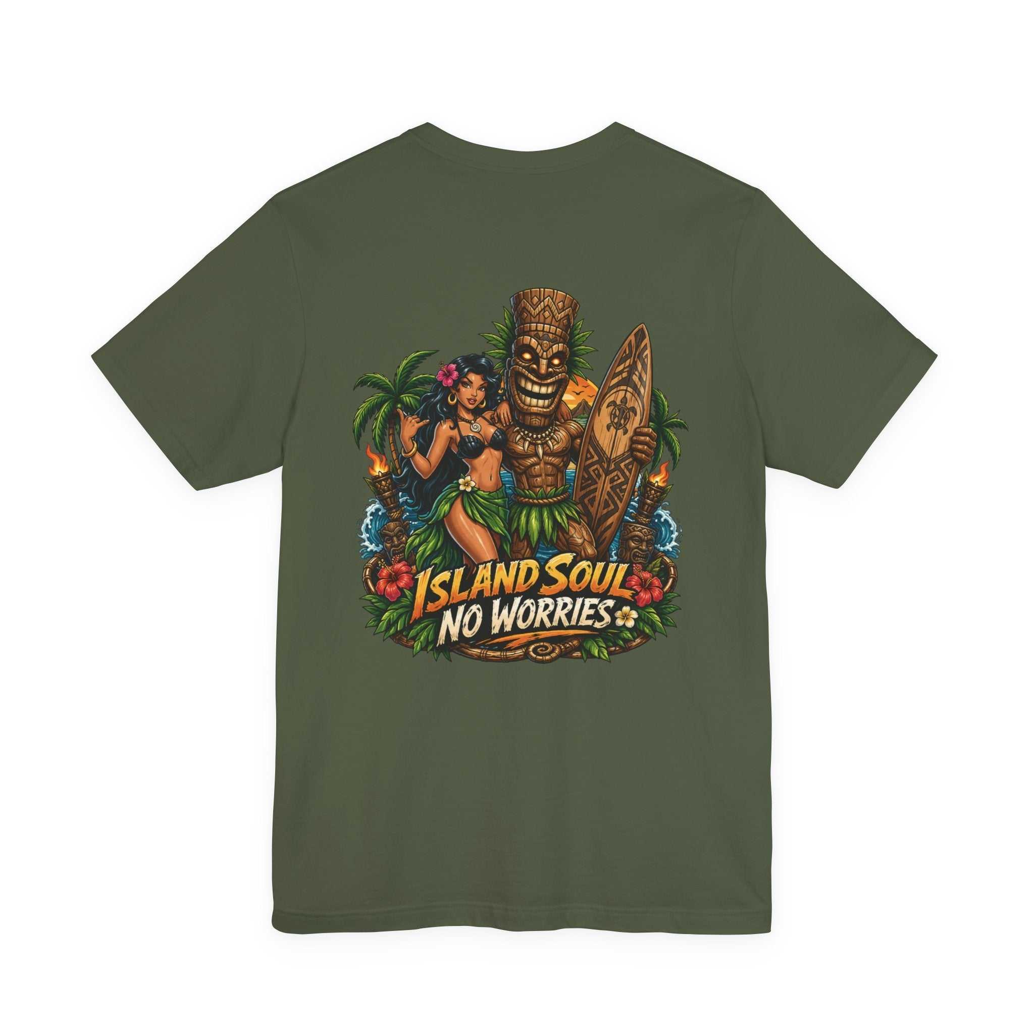 Tropical Tiki Tee featuring tiki, hibiscus flowers, and waves on a comfortable cotton island-inspired t-shirt