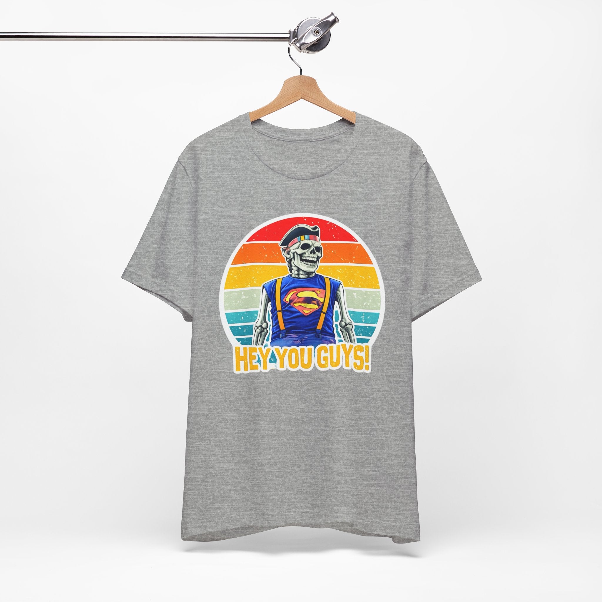 Skeleton Superfan Tee — "Hey You Guys!" Retro Vintage Graphic T-Shirt