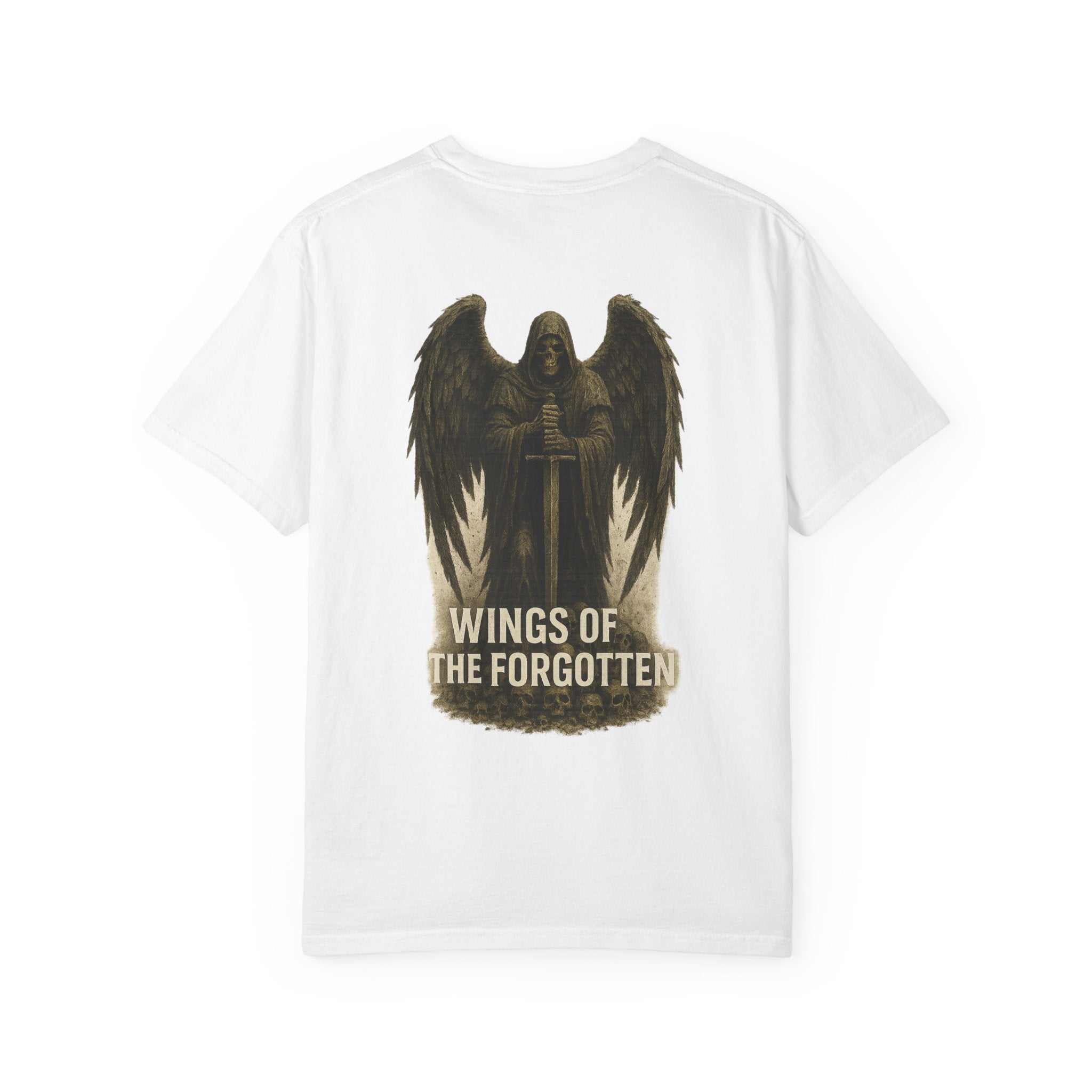 White unisex tee with Death Angel Wings design and Wings of the Forgotten text on back
