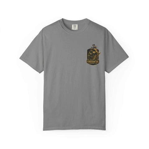 Control the Chaos unisex garment-dyed gray t-shirt with vibrant adventure-themed graphic, sustainable cotton