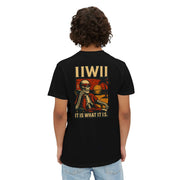 Back view of black t-shirt with Skeleton Sunset Gangster Design featuring skeleton smoking at sunset with palm trees and text "IT IS WHAT IT IS"