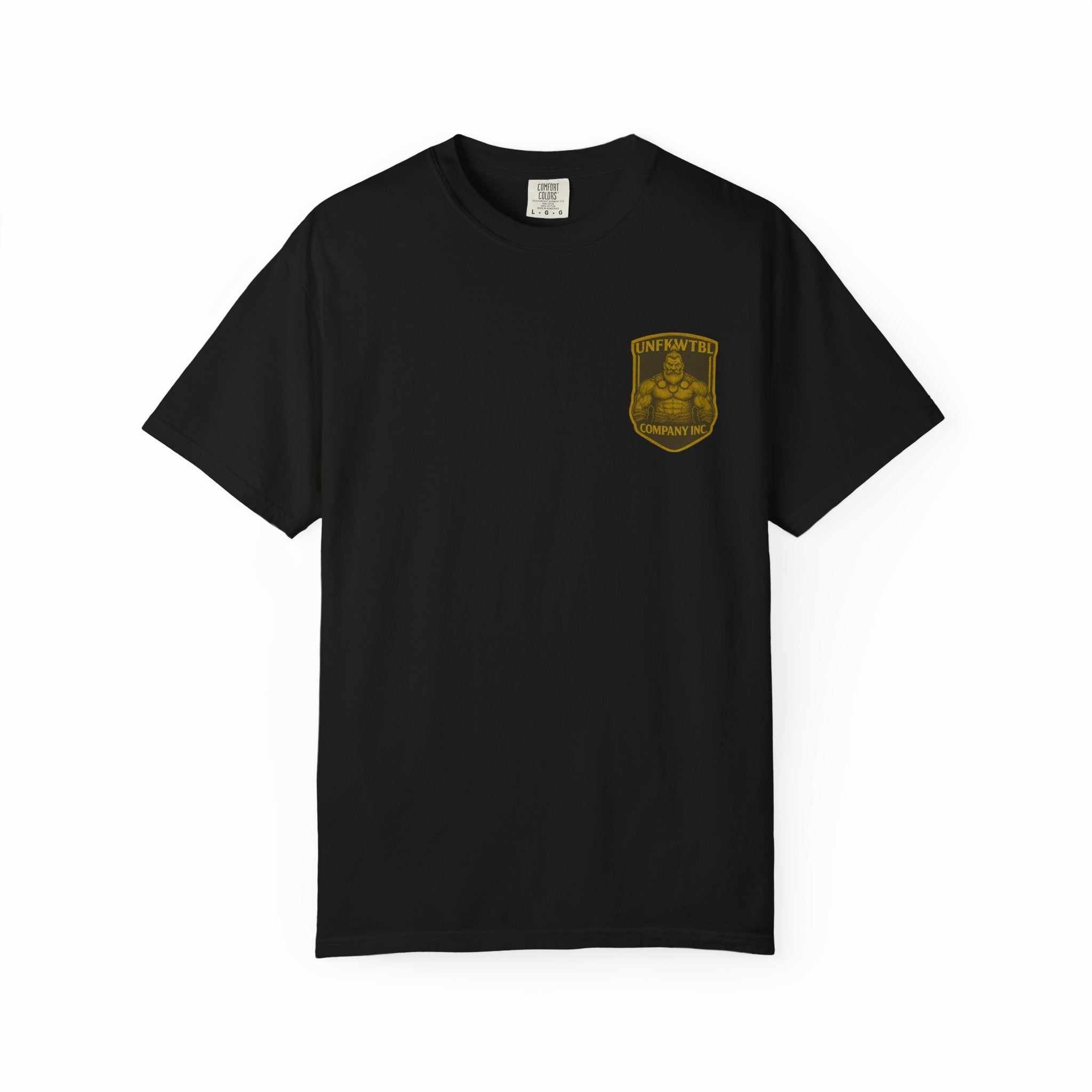 Black Viking Warrior Unisex Tee with gold emblem for King Ragnar fans, soft garment-dyed fabric, 100% cotton, durable double-needle stitching