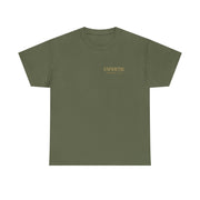 Unisex olive green heavy cotton tee with small Michael Myers Calm Before the Kill design, durable and comfortable Halloween t-shirt.