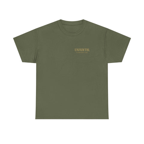 Unisex olive green heavy cotton tee with small Michael Myers Calm Before the Kill design, durable and comfortable Halloween t-shirt.